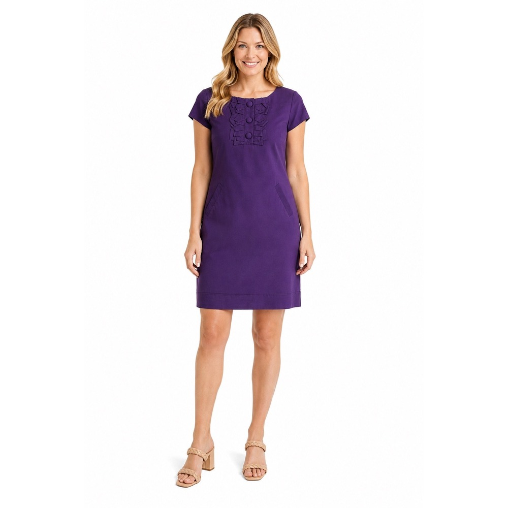 Taylor Silk Shift Dress Women 14 Purple Good Ruffle Bib Pockets Short Sleeve